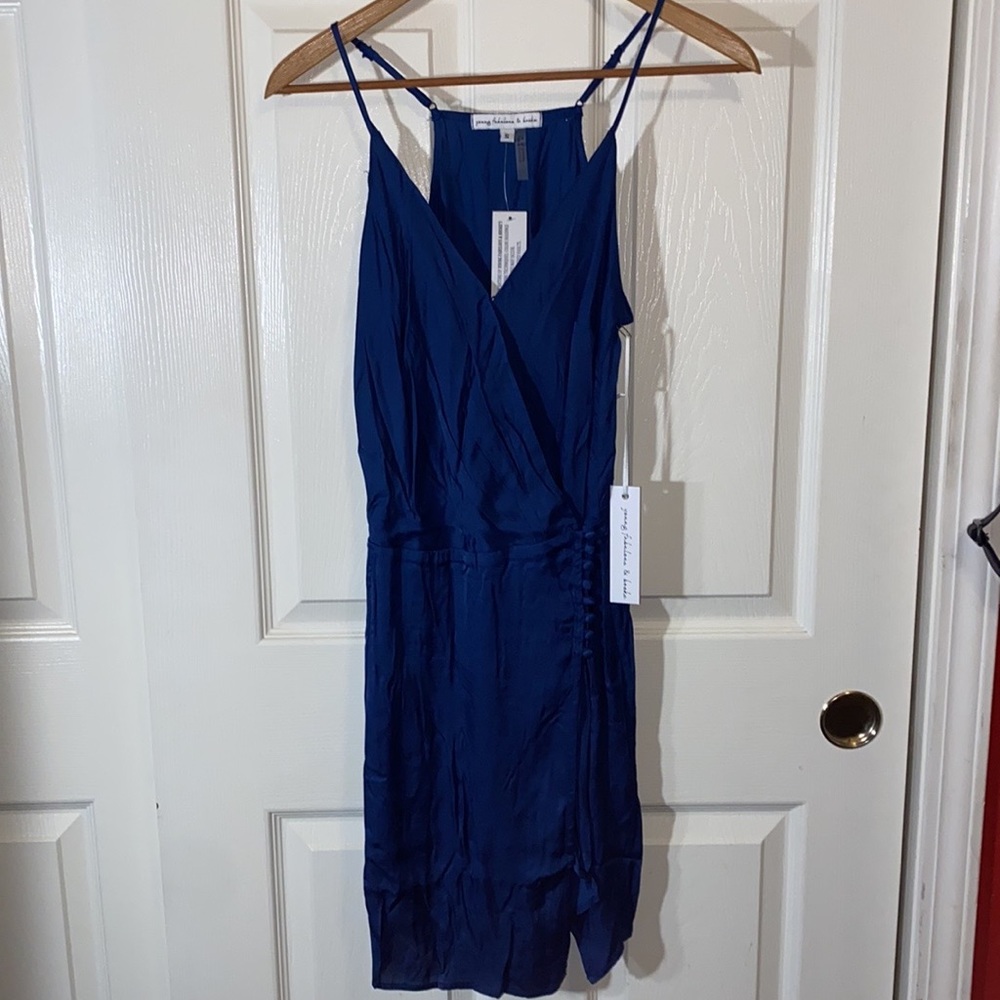 (NWT) Jameson Wrap Mini -- Jewel Blue Satin Dress -- Elegant Minimalist Chic